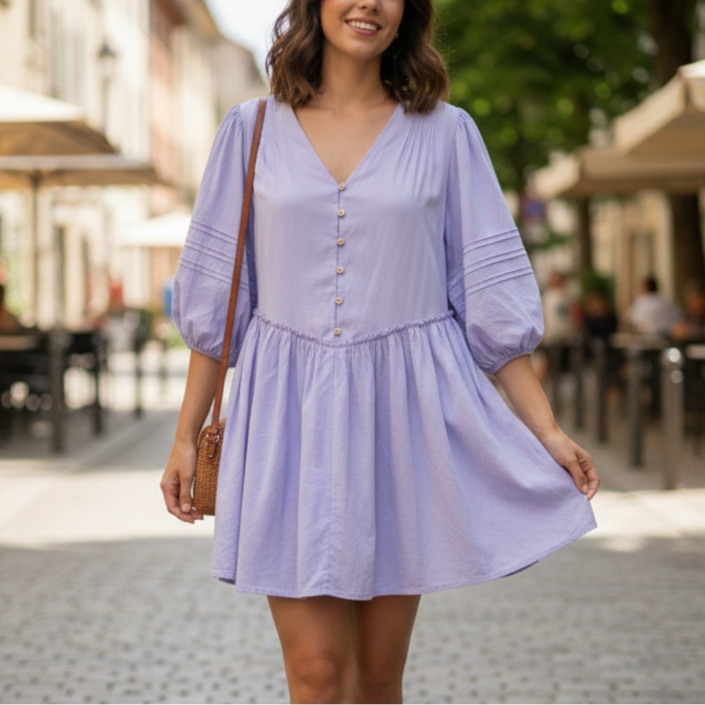 MUSTARD SEED Women Lavender Babydoll Mini Dress Puff Sleeve V-Neck Ruffle Medium